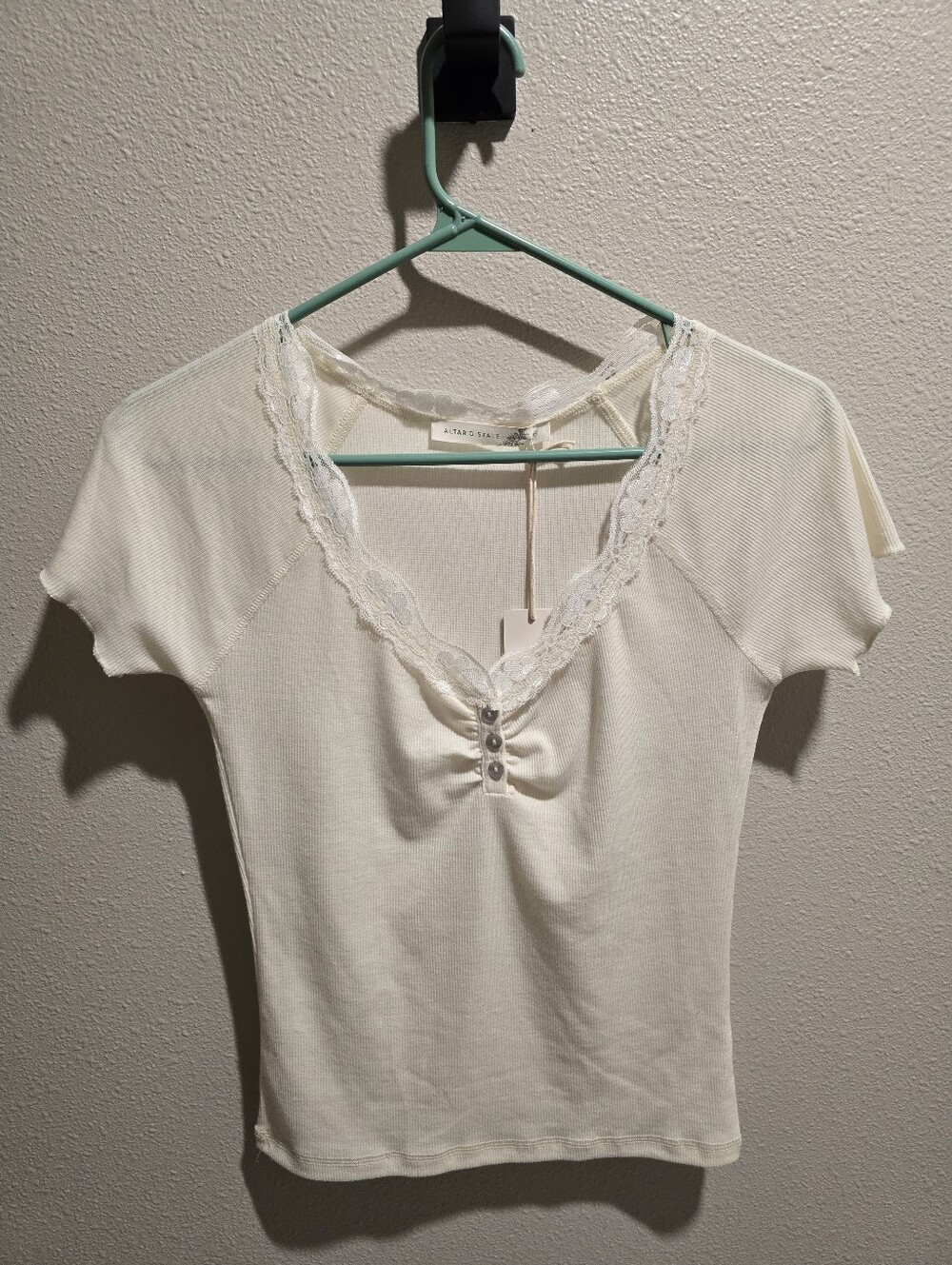 Altar'd State Cream Lace-Trim Short Sleeve Henley Top
